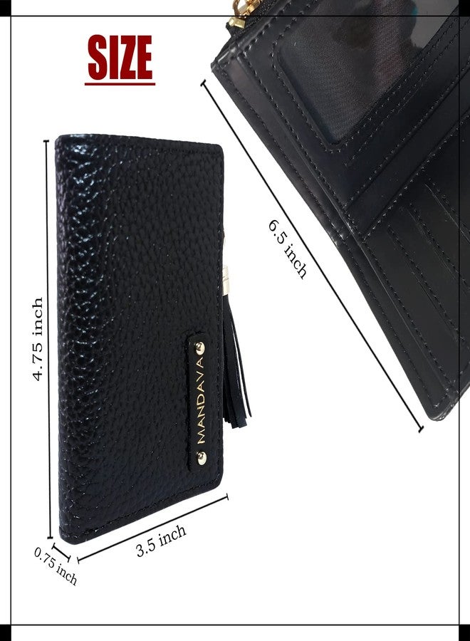 MANDAVA Women's Small Bifold PU Leather Wallet with Tussle | Ladies Slim Compact Card Holder Organizer Coin Purse (Black) - Image 4